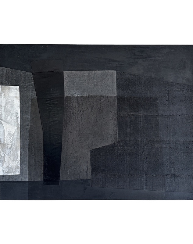 A rectangular abstract relief panel composed of dark charcoal geometric shapes surrounding a bright pale silver-white panel.