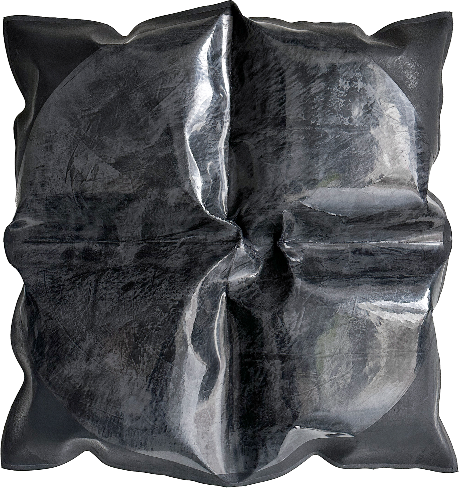 Glossy black plaster relief, a cinched and draped sculptural form in deep gunmetal.