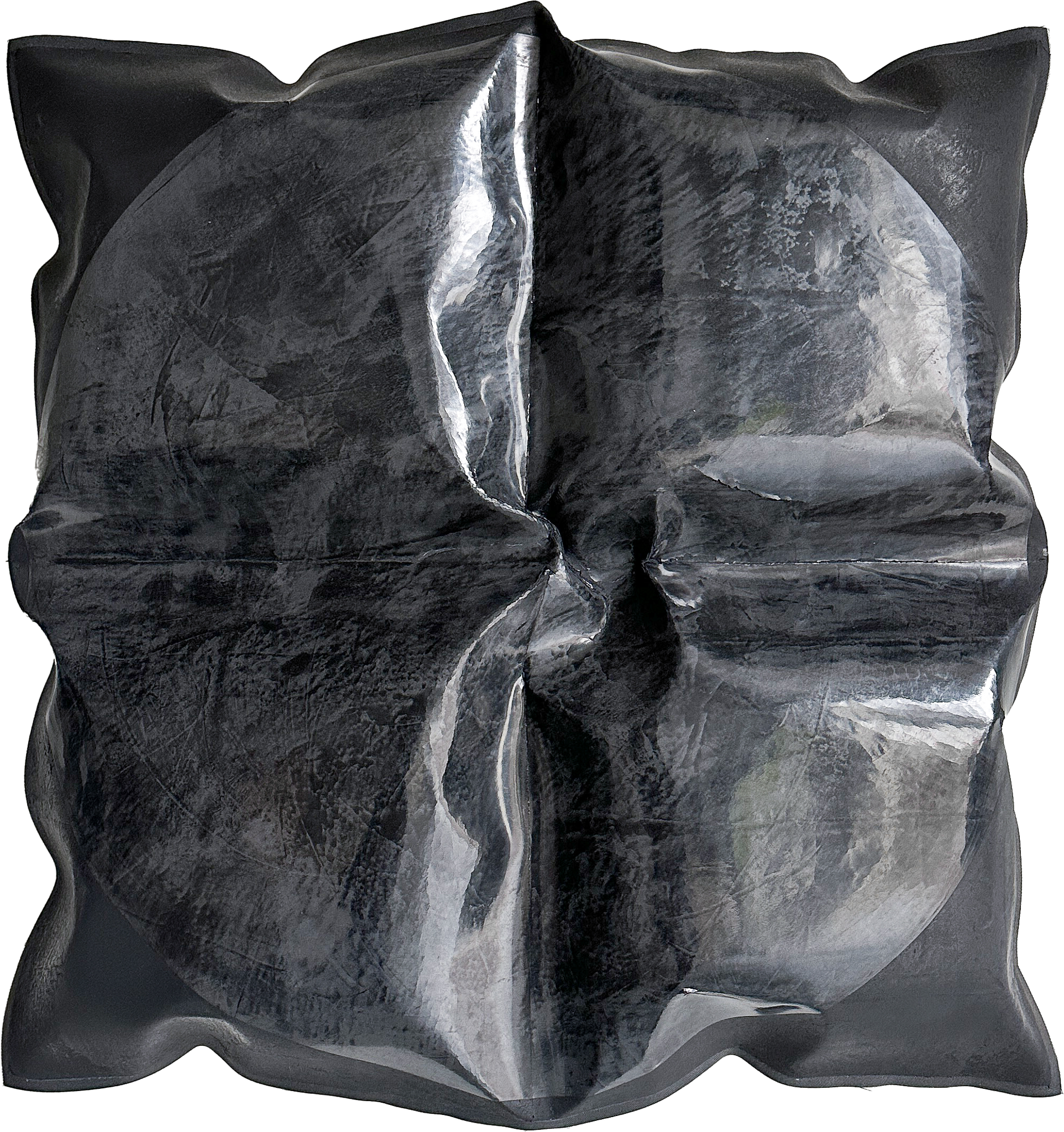 Glossy black plaster relief, a cinched and draped sculptural form in deep gunmetal.