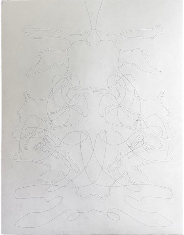 Gallery shot of a pale panel with fine incised symmetric line drawing of looping, spine-like organic shapes.
