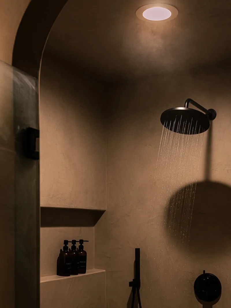 Warm mineral plaster shower with the rainfall head running, arched entry and recessed niche